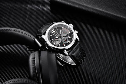 Stevvex men's sport chronograph watch with black leather strap, silver case on Tampa Home & Garden Store
