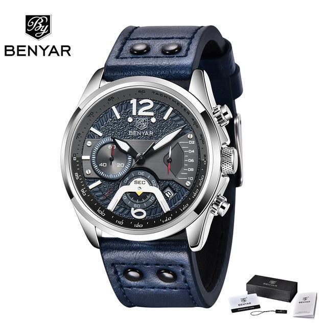 Men's sport watch by Benyar Stevvex, blue leather strap, steel case, analog chronograph on Tampa Home & Garden Store