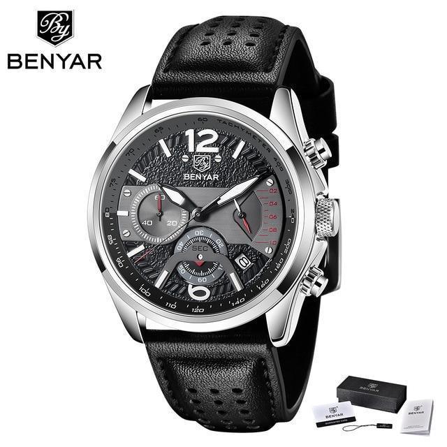 Men's chronograph watch with black perforated leather strap and silver case BENYAR on Tampa Home & Garden Store