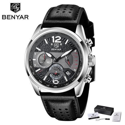 Men's chronograph watch with black perforated leather strap and silver case BENYAR on Tampa Home & Garden Store