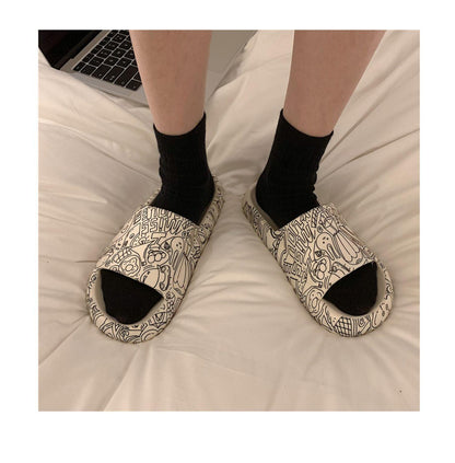 Soft Eva Light Sandal Stevvex outdoor slippers with doodle print worn with black socks on Tampa Home & Garden Store