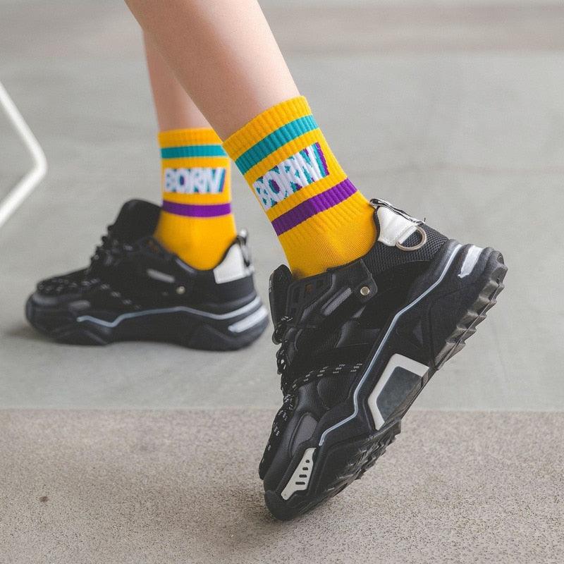 Crew socks Stevvex yellow cotton long socks with teal stripes purple cartoon face pattern on Tampa Home & Garden Store