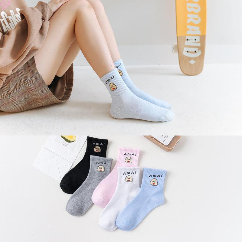 5-pair unisex crew socks with cute cartoon faces, cotton breathable, AMAI blue gray pink white on Tampa Home & Garden Store