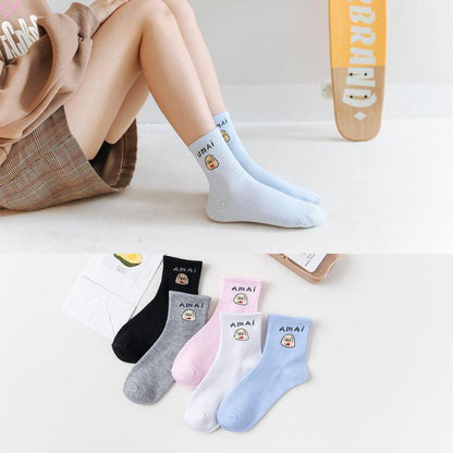 5-pair unisex crew socks with cute cartoon faces, cotton breathable, AMAI blue gray pink white on Tampa Home & Garden Store