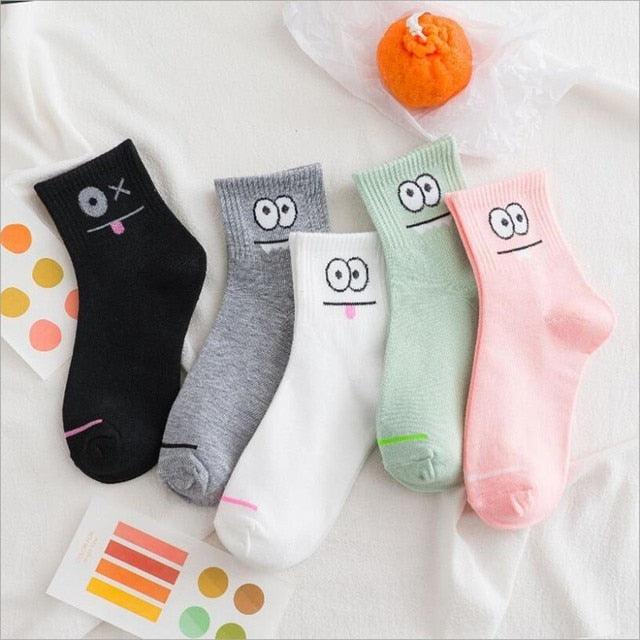 Stevvex 5-pair unisex cartoon-face crew socks in black gray white pink mint breathable cotton on Tampa Home & Garden Store