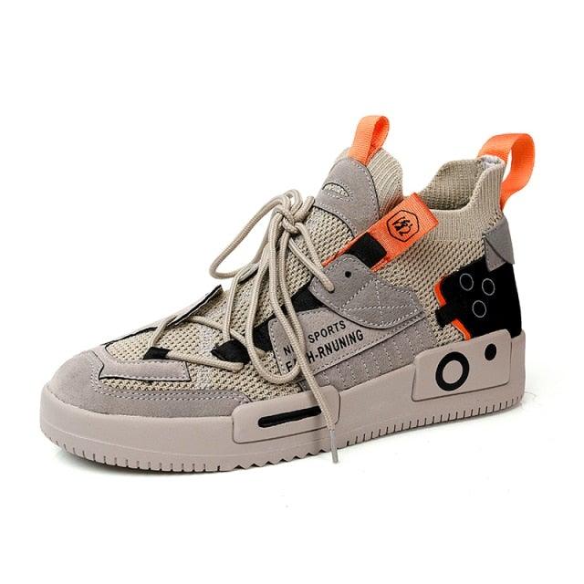 Stevvex men's sneakers beige mesh upper orange tabs, breathable sporty trainer on Tampa Home & Garden Store