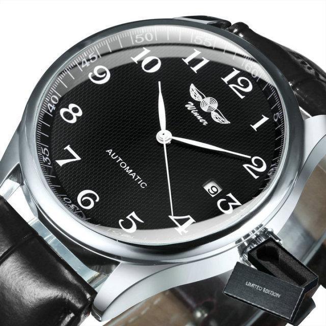 Stevvex automatic men's watch with brown leather strap, black dial, silver case limited edition on Tampa Home & Garden Store