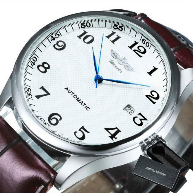 Stevvex automatic watch with white dial, blue hands, brown leather strap, date window on strap on Tampa Home & Garden Store