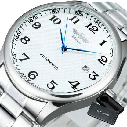 Stevvex automatic men’s wristwatch with white dial, blue hands, date window, steel bracelet on Tampa Home & Garden Store