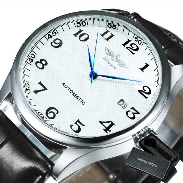 Stevvex automatic men's watch with white dial, blue hands, brown leather strap, date at 3, case on Tampa Home & Garden Store