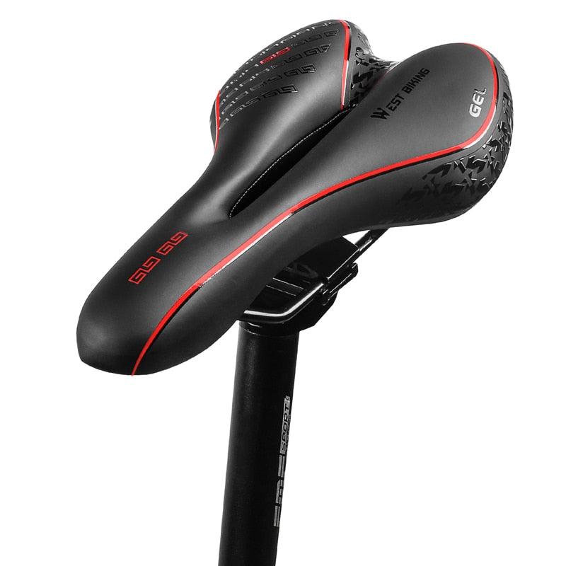 Bike Saddle Stevvex PU leather gel-filled, black with red piping, anti-slip waterproof MTB seat on Tampa Home & Garden Store