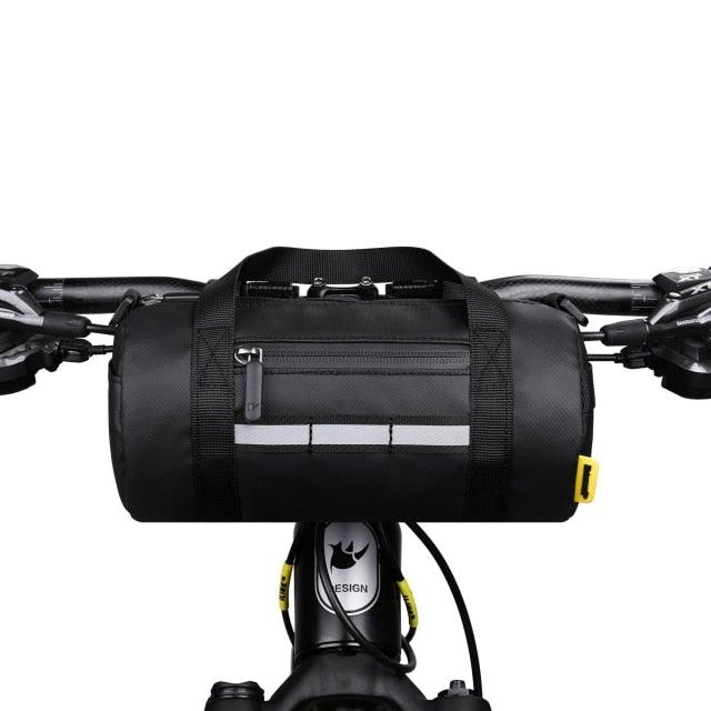 Waterproof handlebar bag by Stevvex, black cylindrical bicycle frame bag mounted on handlebars on Tampa Home & Garden Store