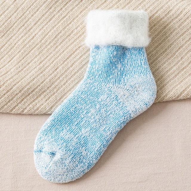 Stevvex Kawaii crew socks in light blue Merino wool with white fluffy cuff, unisex thick warm on Tampa Home & Garden Store