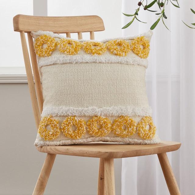 Beige tufted cushion cover handwoven cotton-linen with yellow pom-pom trim Stevvex on Tampa Home & Garden Store