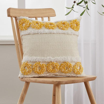 Beige tufted cushion cover handwoven cotton-linen with yellow pom-pom trim Stevvex on Tampa Home & Garden Store