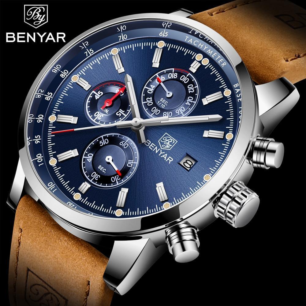 Wristwatch ST528VBNO12 Stevvex with blue dial, BENYAR logo, and tan leather strap on Tampa Home & Garden Store