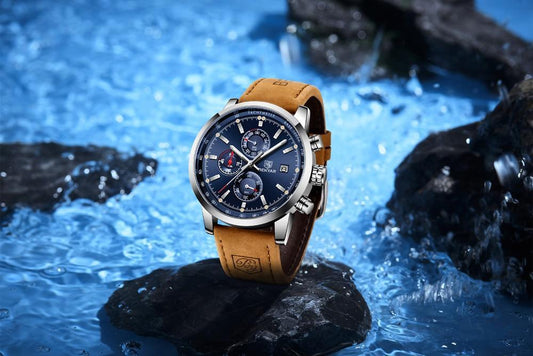 Stevvex ST528VBNO12 men's watch with genuine leather tan strap and blue chronograph dial on Tampa Home & Garden Store