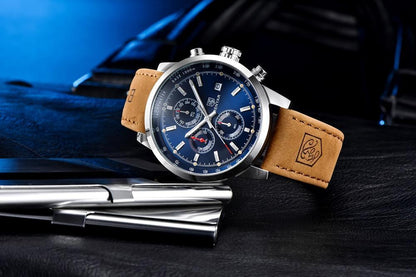 Stevvex men's ST528VBNO12 watch with blue dial, brown leather strap, quartz chronograph on Tampa Home & Garden Store