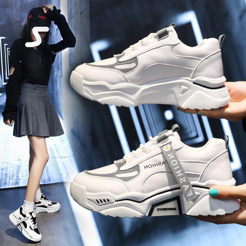 Stevvex chunky lace-up sneakers, white gray mix, reflective accents pair for casual walking on Tampa Home & Garden Store