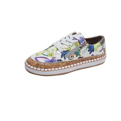 Stevvex women's sneakers with colorful flower print, white lace-up casual shoes, cork sole on Tampa Home & Garden Store