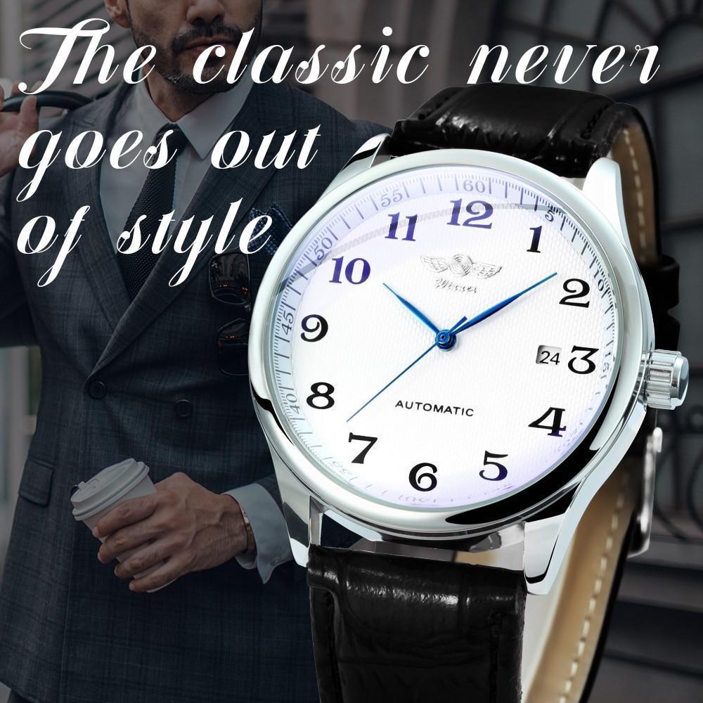 Stevvex classic luxury men's watch automatic with brown leather strap, white dial, blue hands on Tampa Home & Garden Store