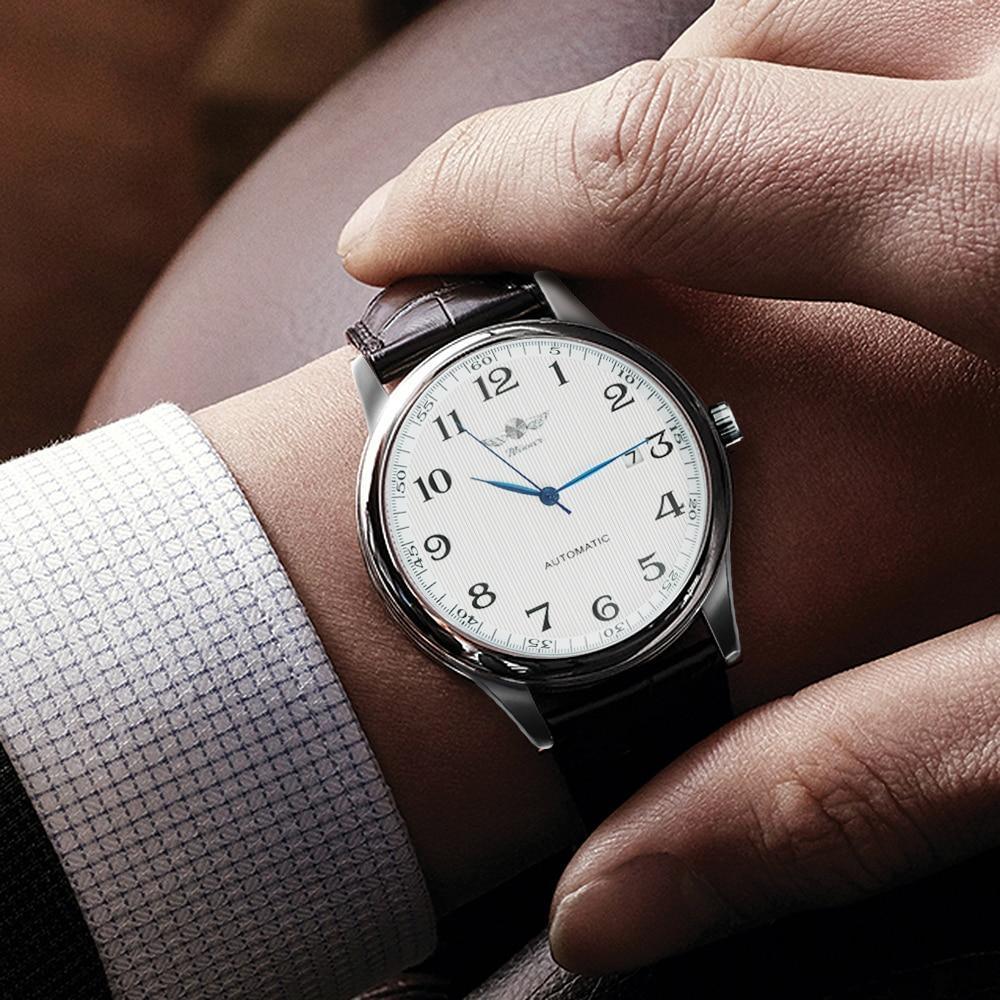 Stevvex men's automatic wristwatch with white dial, blue hands, brown leather strap on Tampa Home & Garden Store