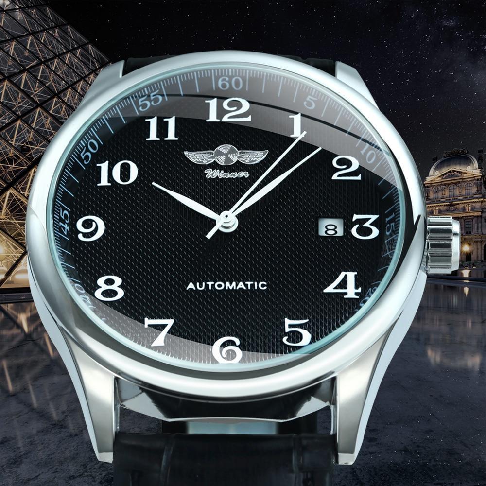 Classic luxury men automatic wrist watch with black dial silver case and black leather strap on Tampa Home & Garden Store