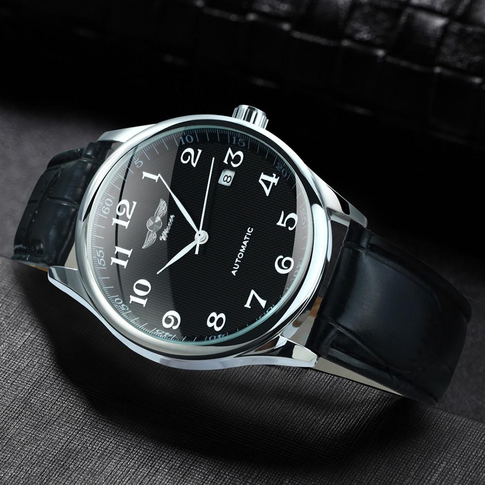 Stevvex automatic men's watch with black dial, silver case, white numerals, black leather strap on Tampa Home & Garden Store