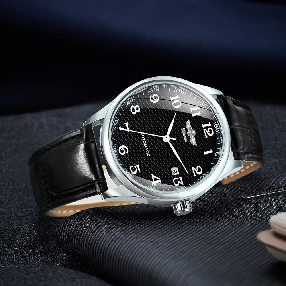 Stevvex Classic Luxury Men's Automatic Watch with brown leather strap, black textured dial on Tampa Home & Garden Store