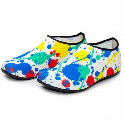 Stevvex water shoes pair Slip-on aqua socks with colorful paint splatter on white on Tampa Home & Garden Store