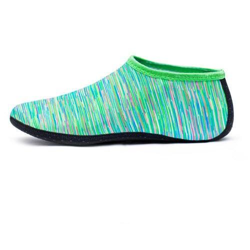 Stevvex water shoe aqua sock, green trim, blue-green striped upper, lightweight slip-on slipper on Tampa Home & Garden Store