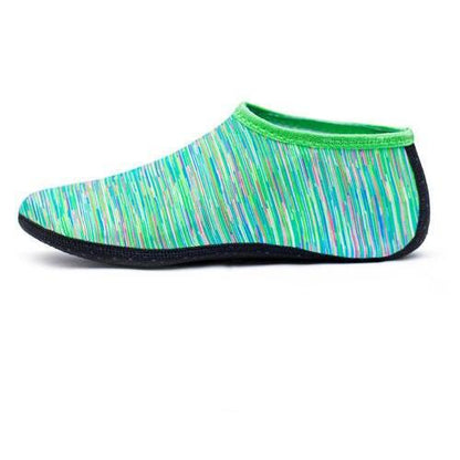 Stevvex water shoe aqua sock, green trim, blue-green striped upper, lightweight slip-on slipper on Tampa Home & Garden Store