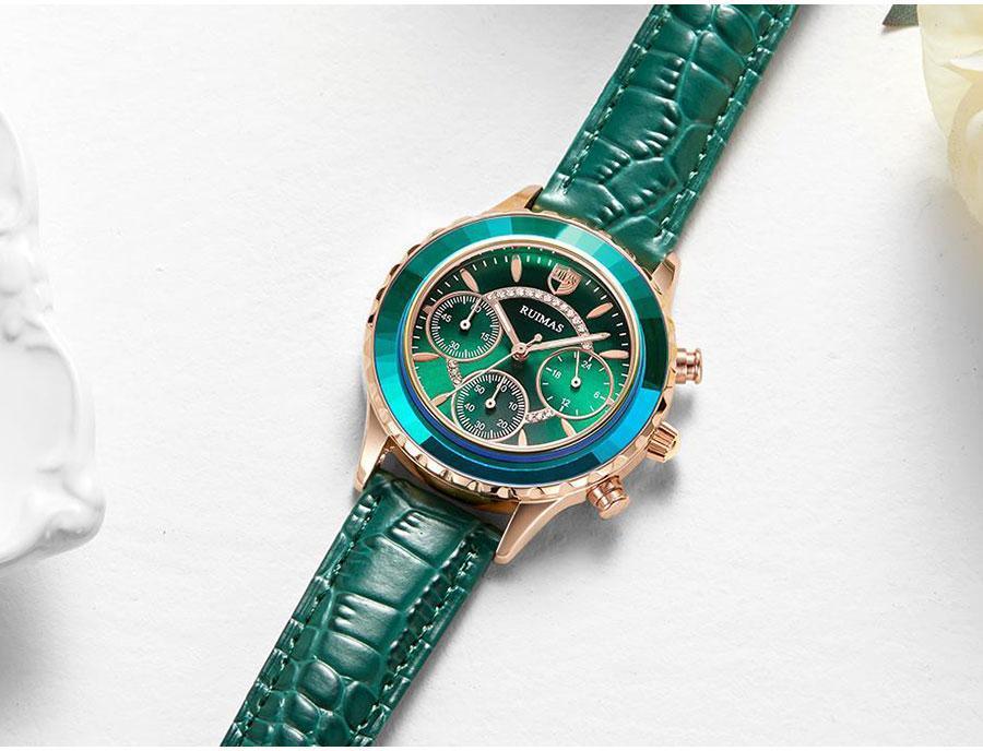 Stevvex green women's wristwatch with rose-gold case and leather strap on Tampa Home & Garden Store