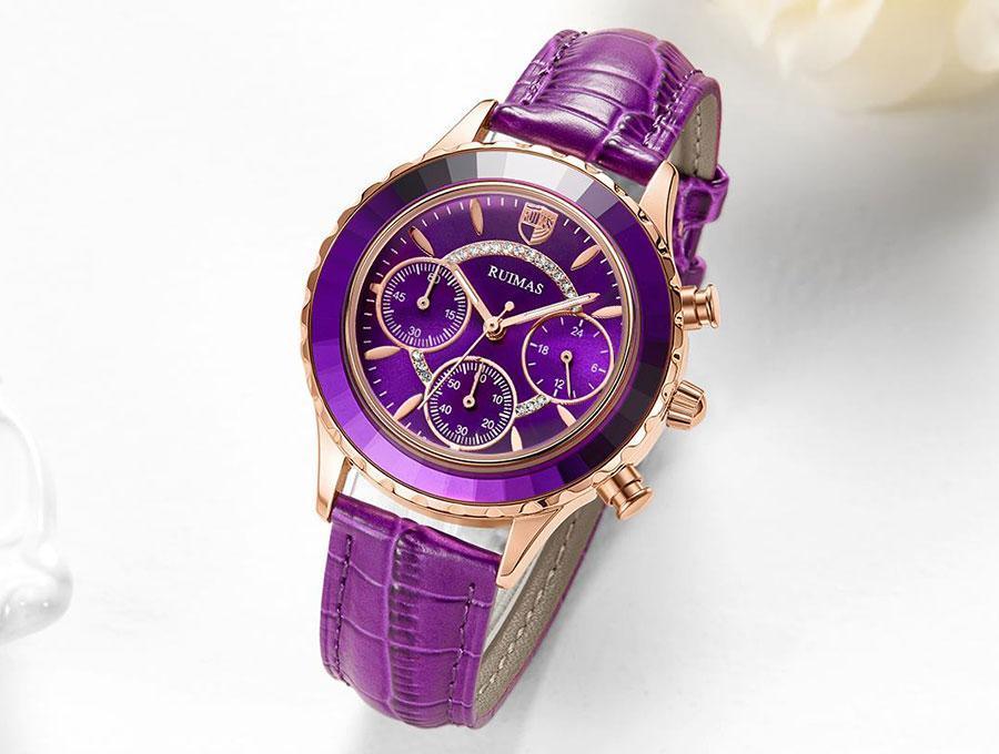 Stevvex women's purple leather-strap quartz watch rose-gold-tone case and multi-function dial on Tampa Home & Garden Store