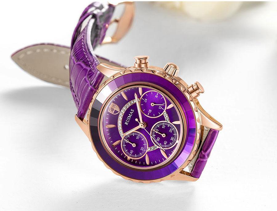 Watch Stevvex luxury women's chronograph with purple dial and purple leather strap on Tampa Home & Garden Store
