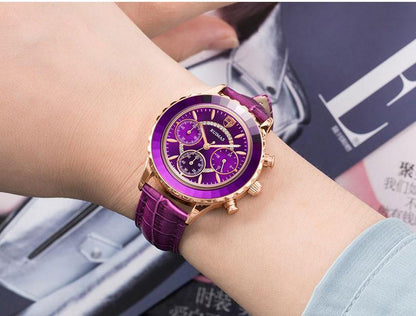 Stevvex women's luxury watch purple dial, gold-tone case, purple leather strap on Tampa Home & Garden Store