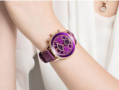 Luxury women's watch Stevvex with purple dial, gold case and purple leather strap on Tampa Home & Garden Store