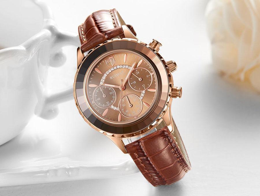 Stevvex ST775GLNKEN2 rose-gold women's quartz chronograph watch with brown leather strap on Tampa Home & Garden Store