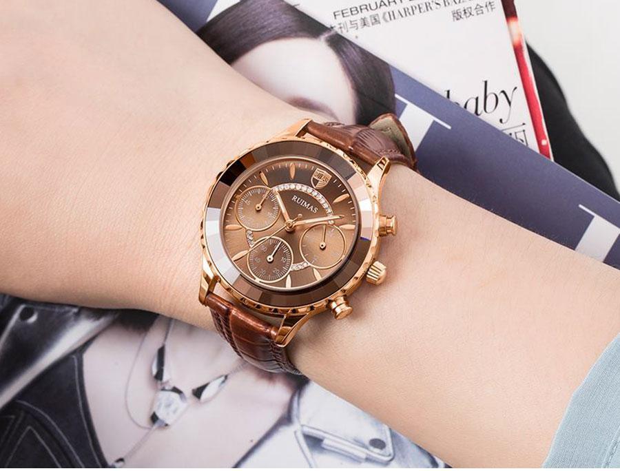 Luxury women's watch with rose-gold case, brown leather strap and three subdials on Tampa Home & Garden Store