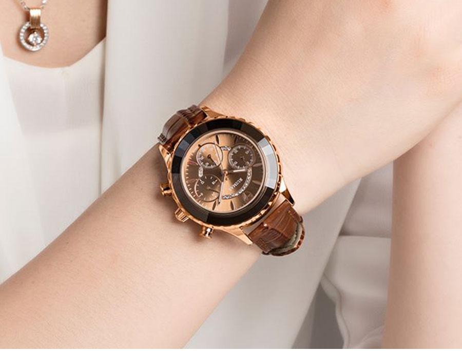 Stevvex women's luxury chronograph watch with rose-gold case and brown leather strap on Tampa Home & Garden Store