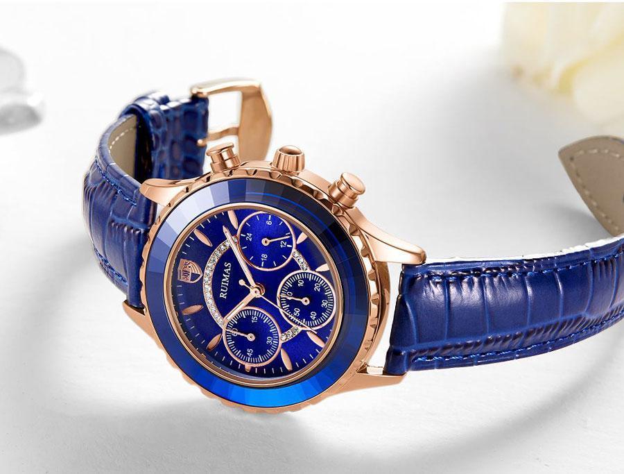 Stevvex ST775GLNKEN2 blue leather strap watch with rose gold case and chronograph subdials on Tampa Home & Garden Store