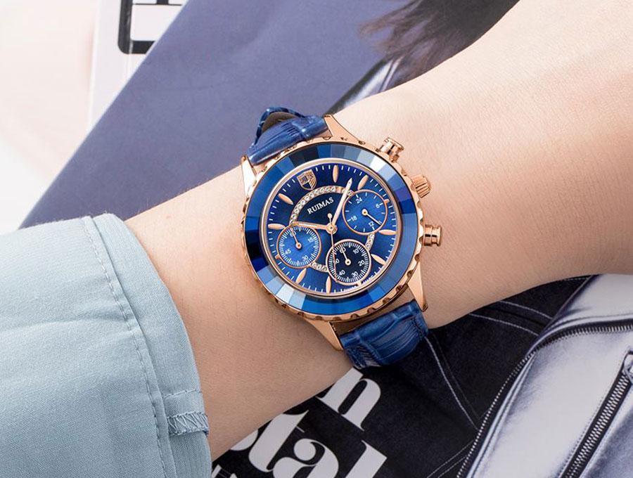 Stevvex luxury blue dial women's watch with rose-gold case and blue leather strap on Tampa Home & Garden Store