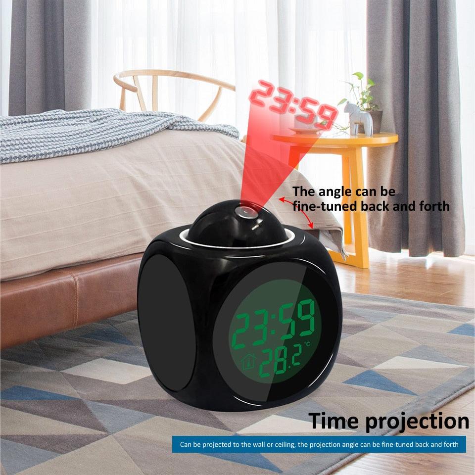 Stevvex projection alarm clock black with green LED time display and wall projection on Tampa Home & Garden Store