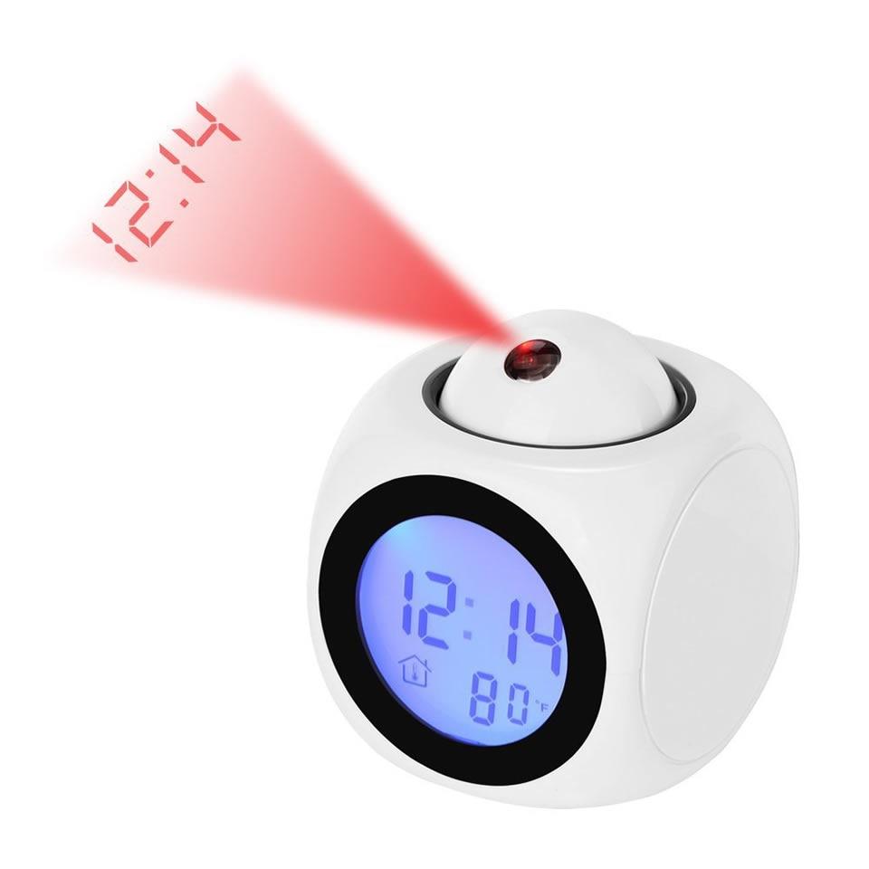 Projection alarm clock Stevvex with blue LED display and red top projector white compact cube on Tampa Home & Garden Store