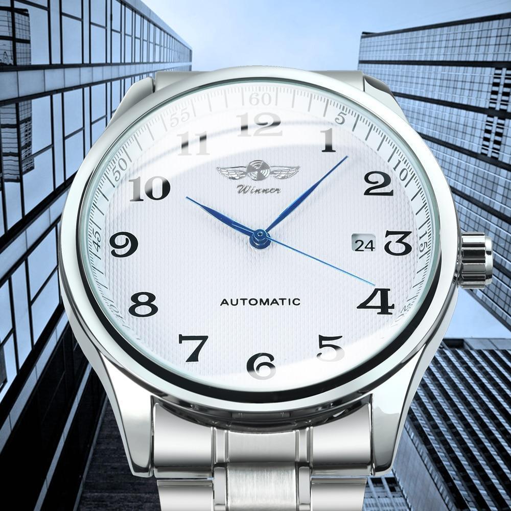 Men's automatic wrist watch with silver case and bracelet, white dial with blue hands on Tampa Home & Garden Store