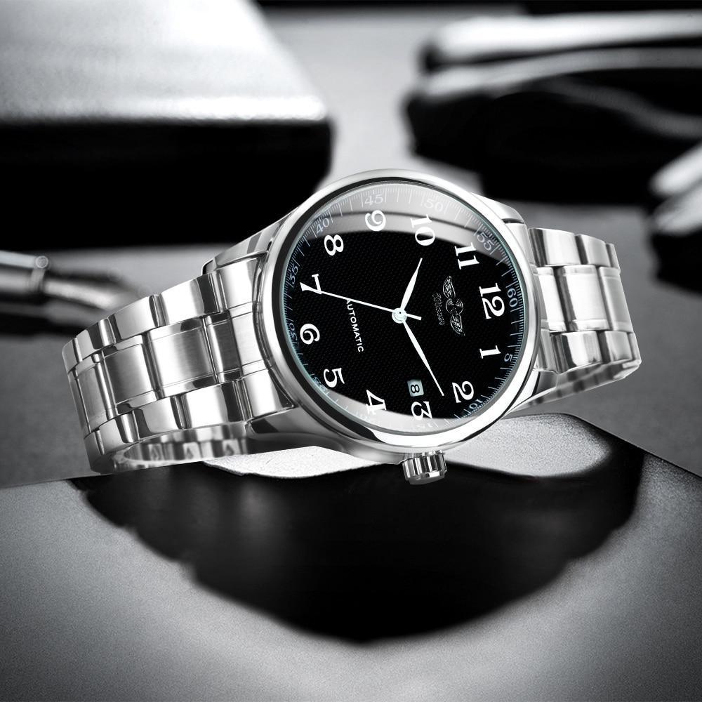 Stevvex automatic men's watch with silver stainless steel bracelet, black dial, date window on Tampa Home & Garden Store