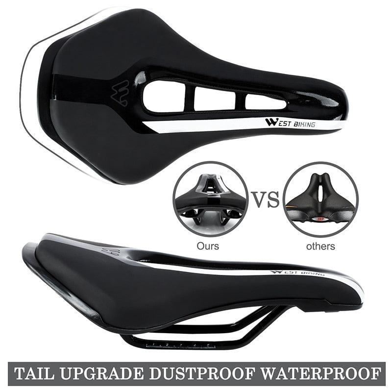 Black leather road bike saddle with hollow breathable cushion; West Biking branding on Tampa Home & Garden Store