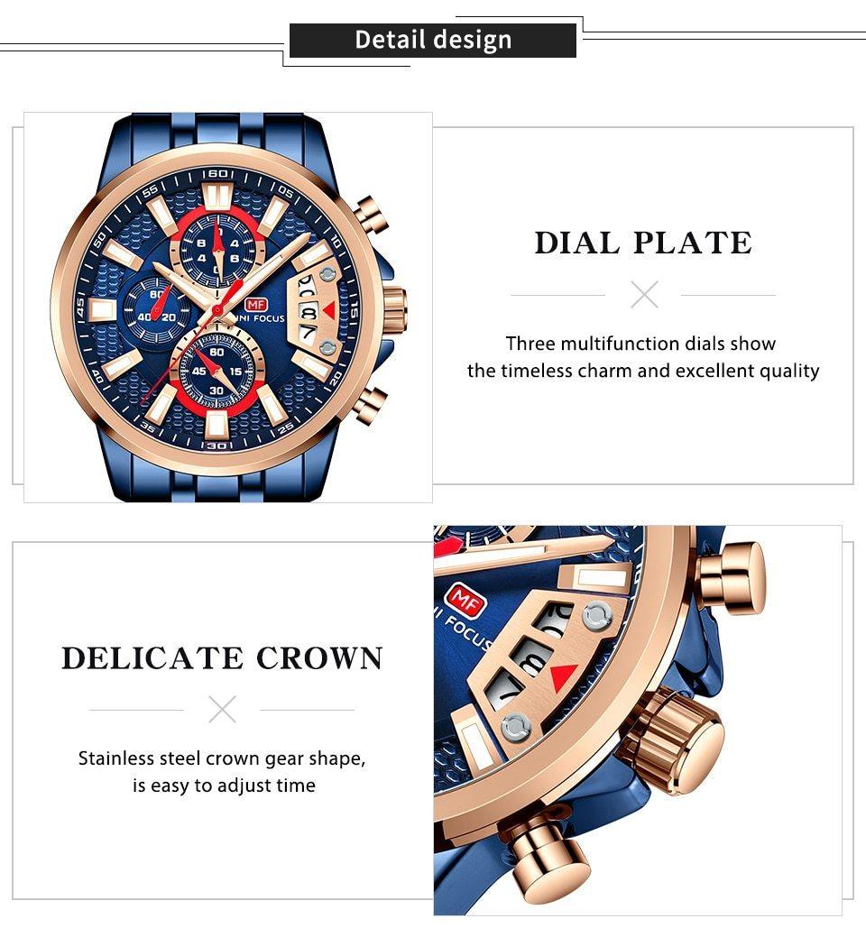 Sport multifunctional luxury mens watch blue stainless steel with rose gold bezel quartz Stevvex on Tampa Home & Garden Store