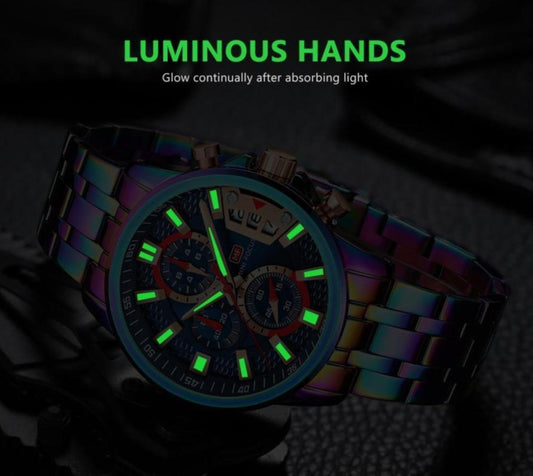 Sport watch with glow green hands and iridescent steel bracelet on Tampa Home & Garden Store