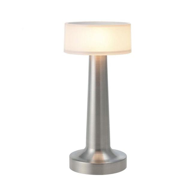 Stevvex USB dimming desk lamp with brushed aluminum base and white fabric shade on Tampa Home & Garden Store